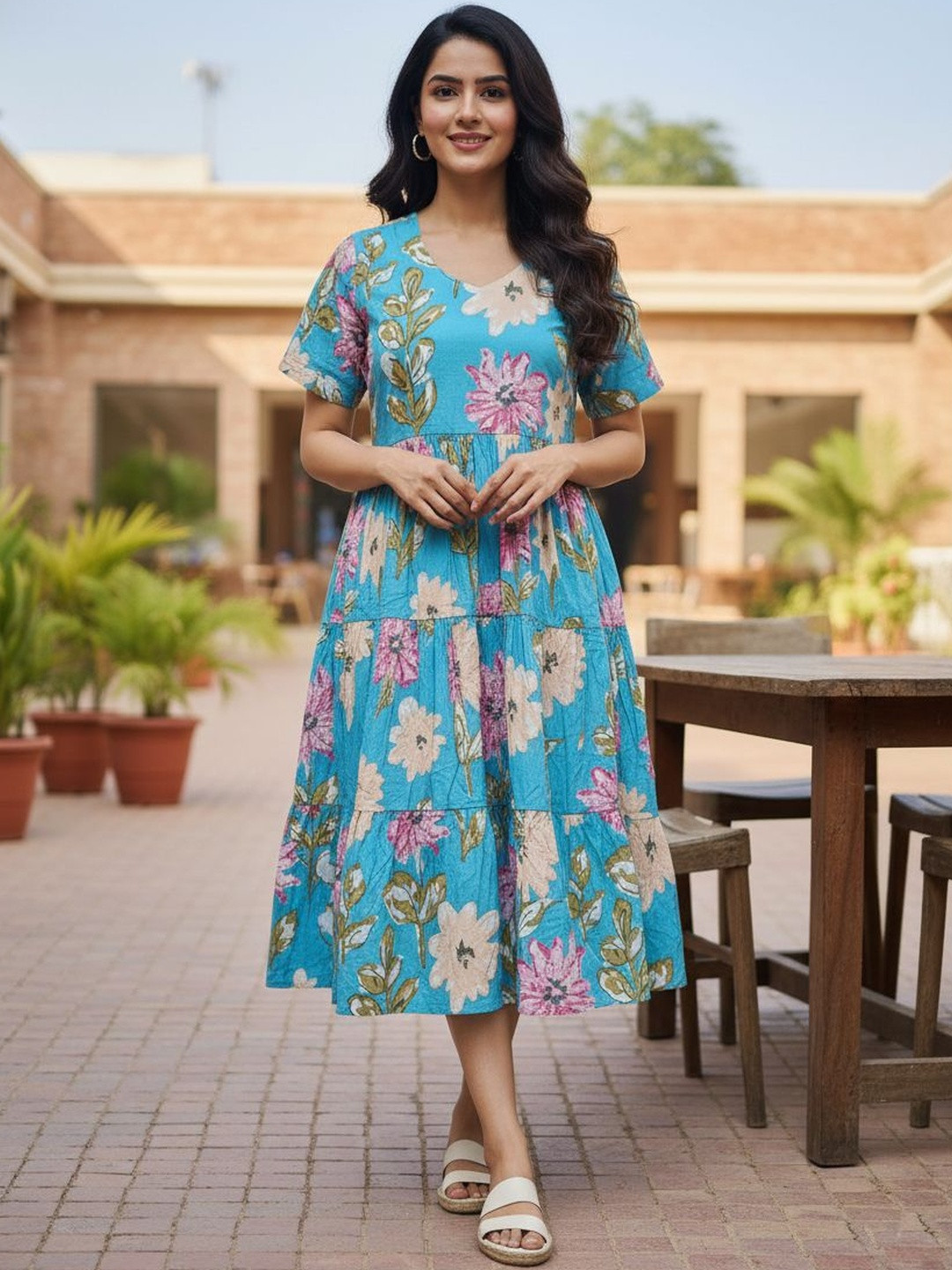 Gopi Prem Floral Printed V-Neck Tiered Pure Cotton Fit and Flare Dress