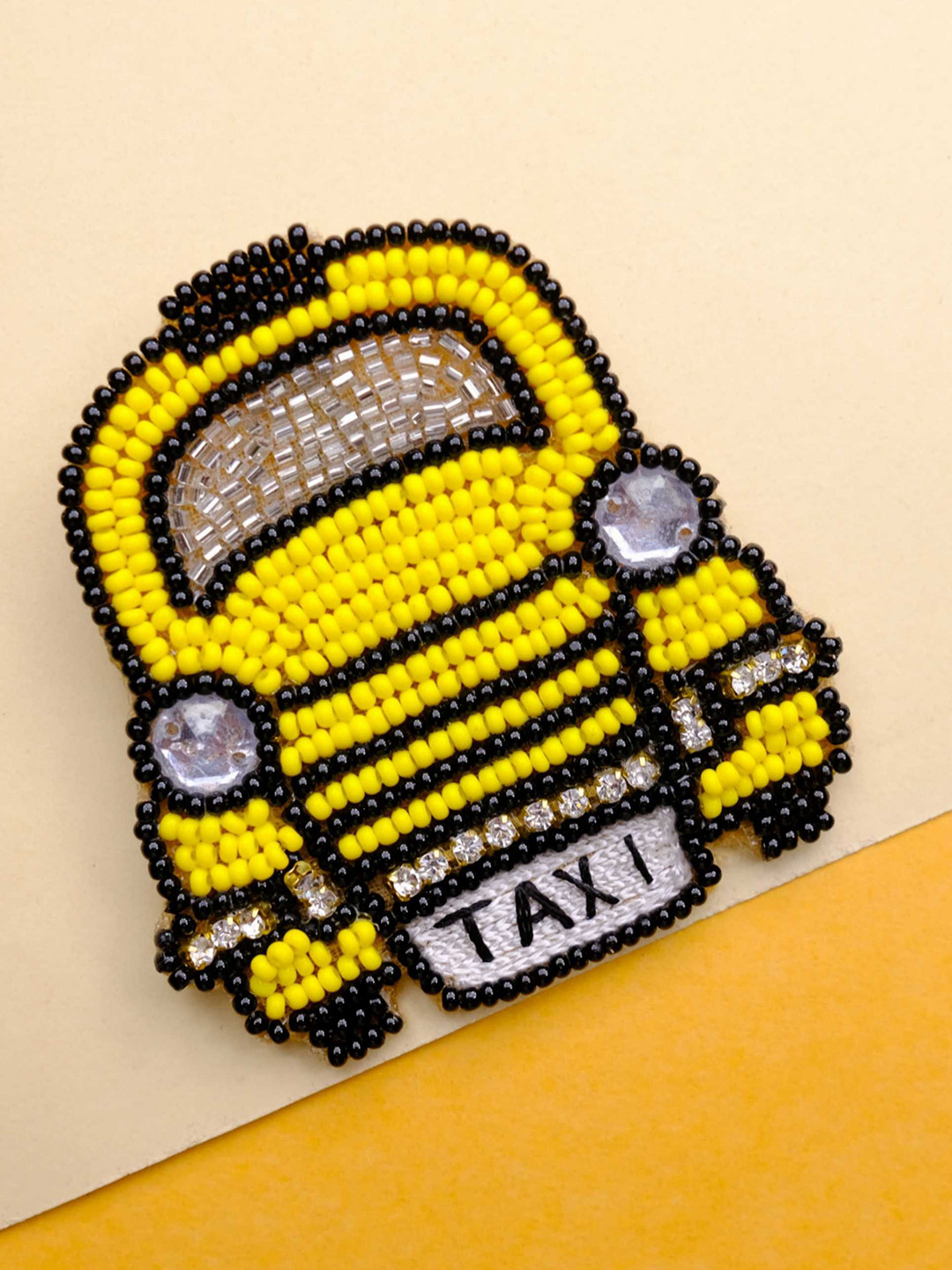 Abeo Unisex Yellow and Black Non-Silver Beaded Taxi Brooch