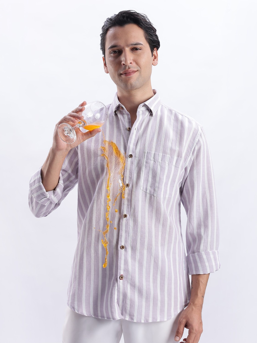 TURMS Men Stain And Water Repellent Anti Odor Button Down Collar Kansas Linen Stripe Shirt