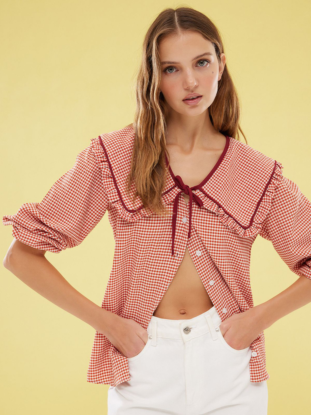 Trendyol Women Gingham Checked Peter Pan Collar Casual Shirt