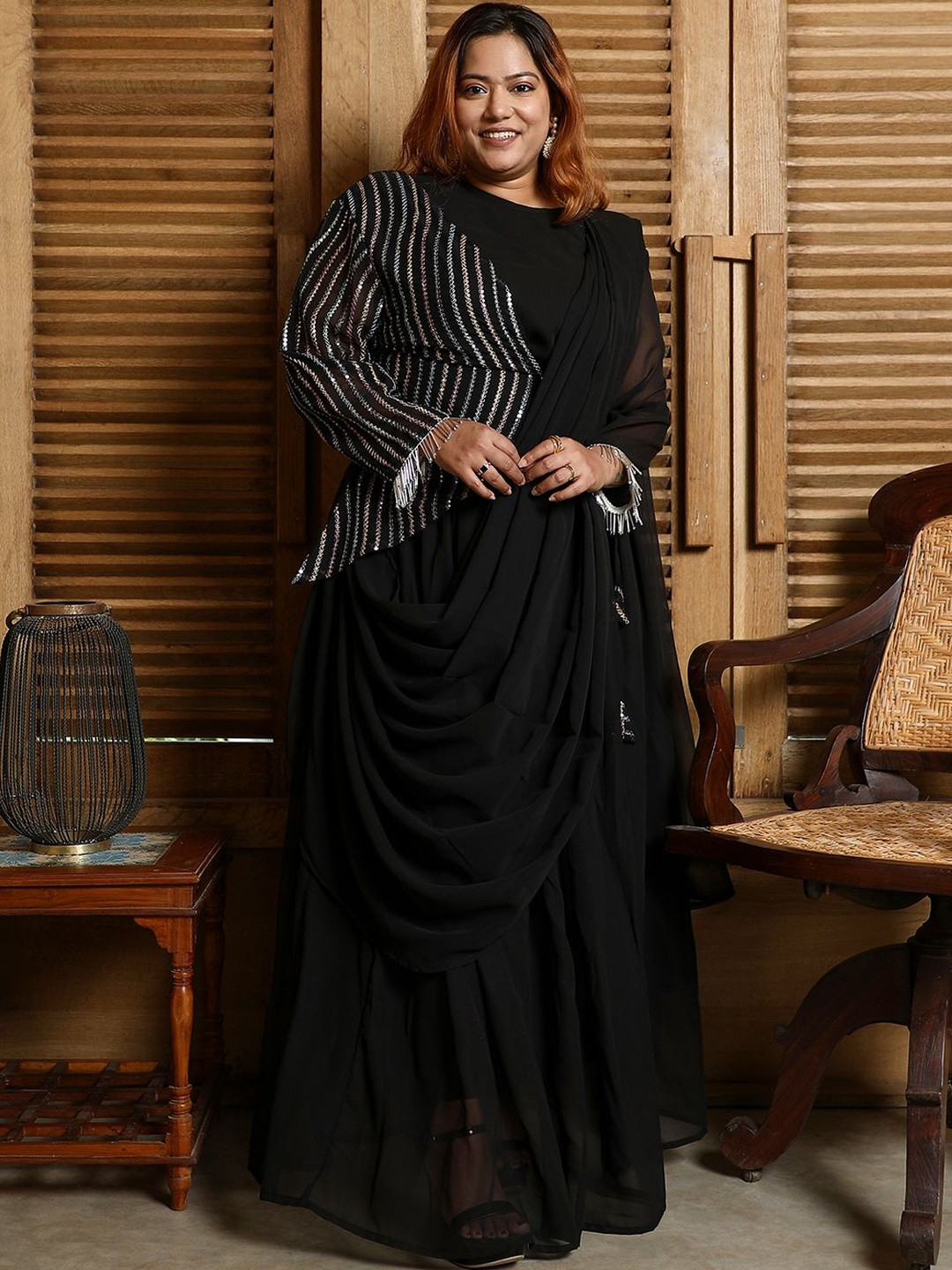 Instafab Plus Embellished Sequinned Pre-Draped Saree