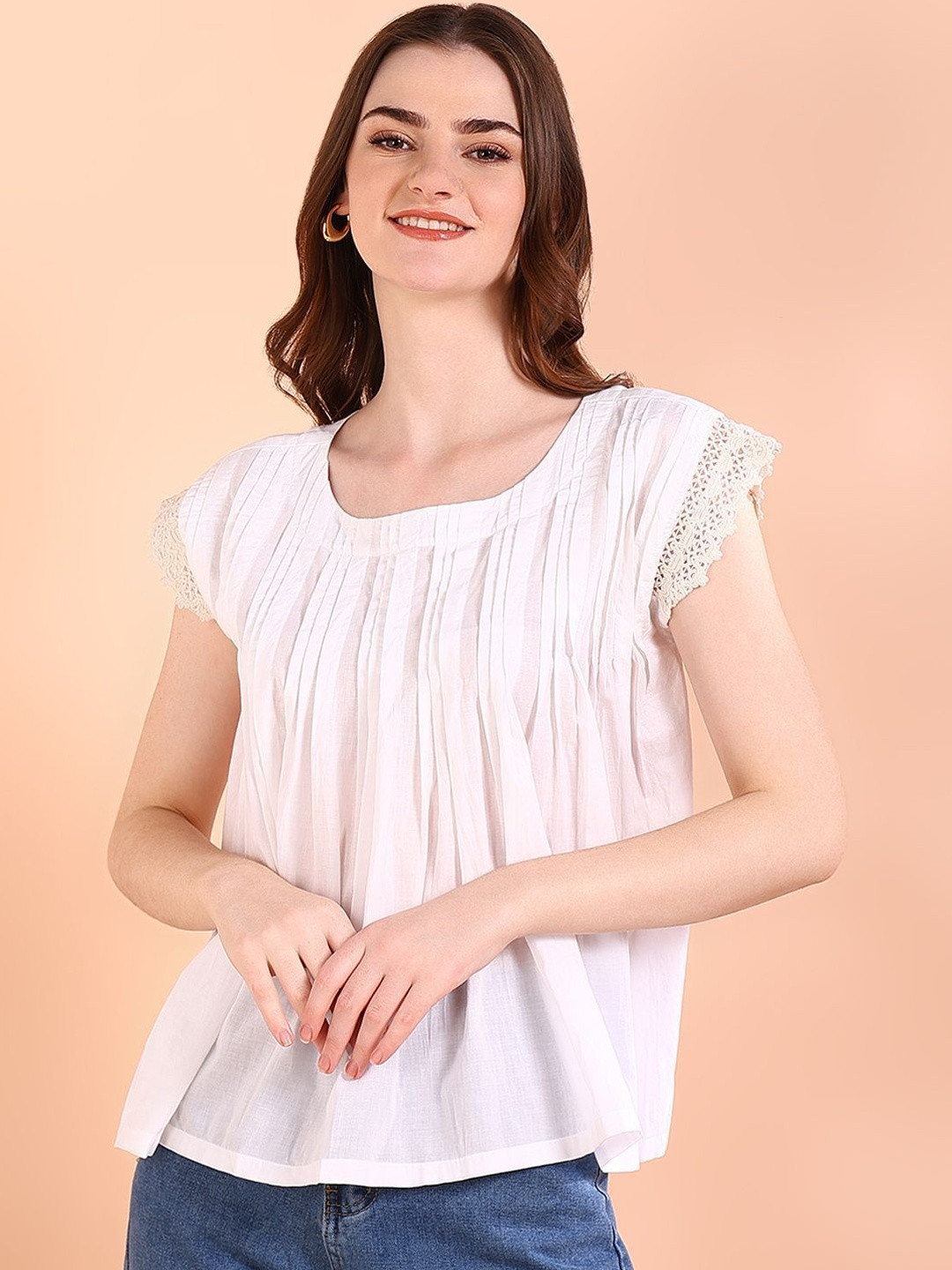 Chandbaali Solid Gather or pleated Lace Inserts Cotton Top