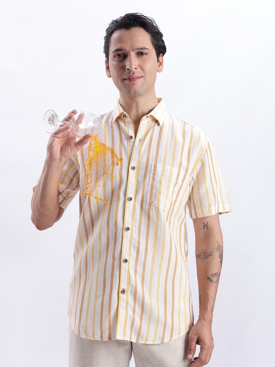 TURMS Men Stain And Water Repellent Anti Odor Button Down Collar Kansas Linen Stripe Shirt