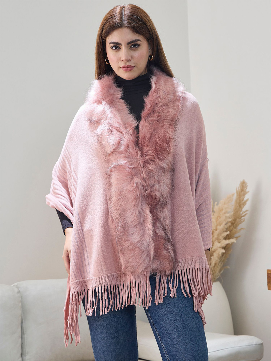 InWeave Women STRIPED FUR PONCHO