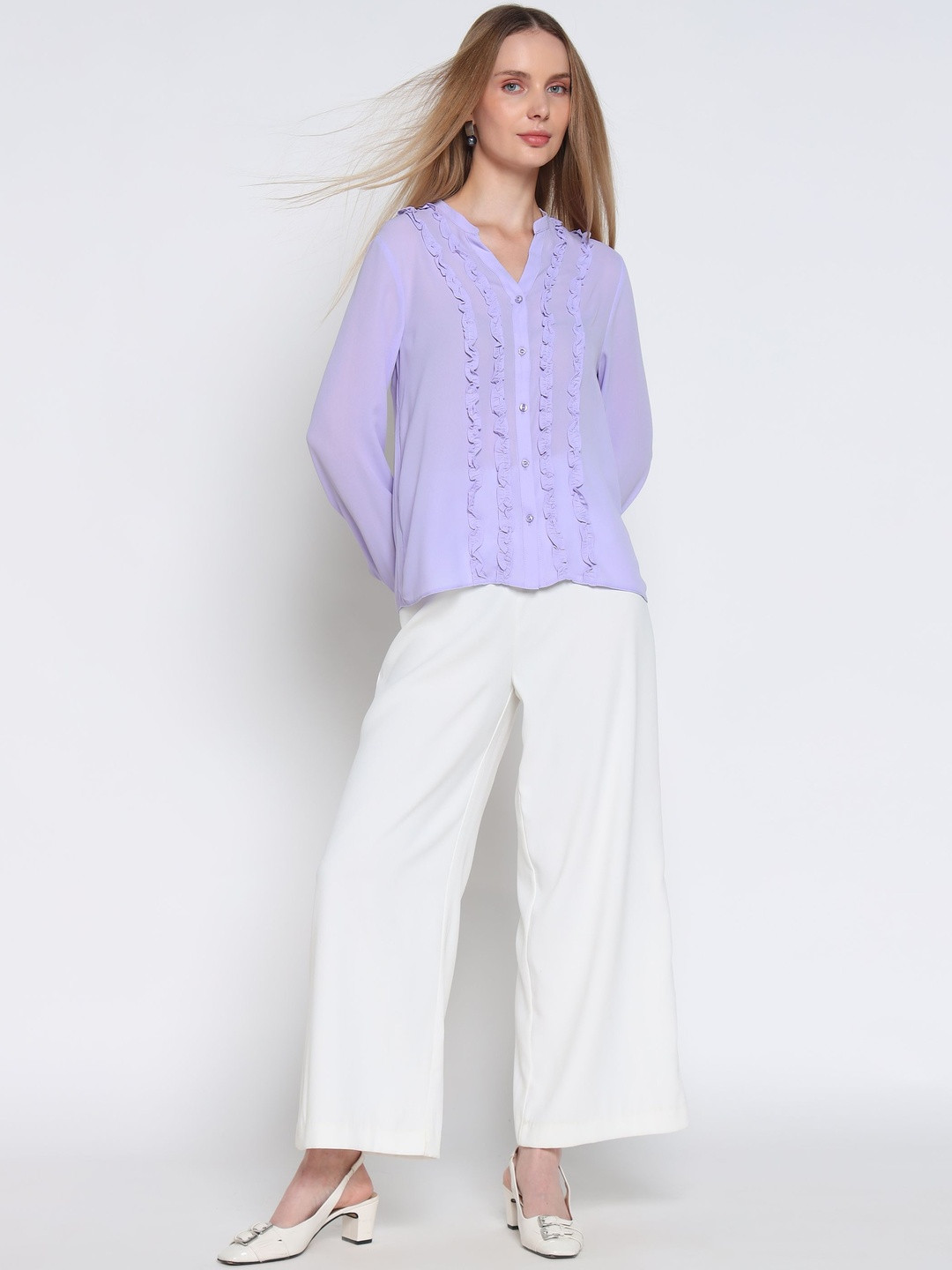 COVER STORY Mandarin Collar Ruffled Shirt Style Top