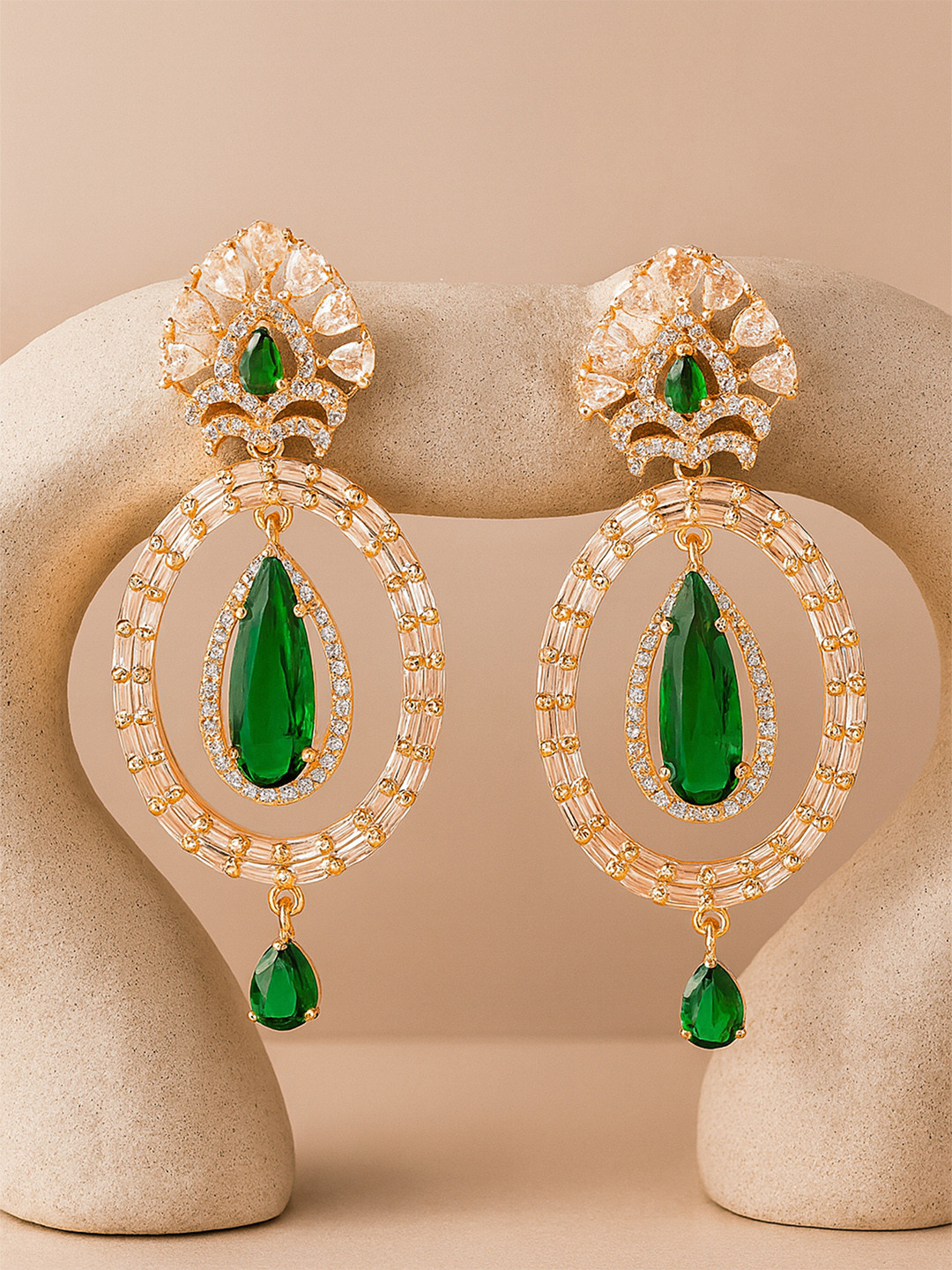 KARATCART Green Classic Cubic Zirconia Studded Rose-Gold Plated Drop Earrings
