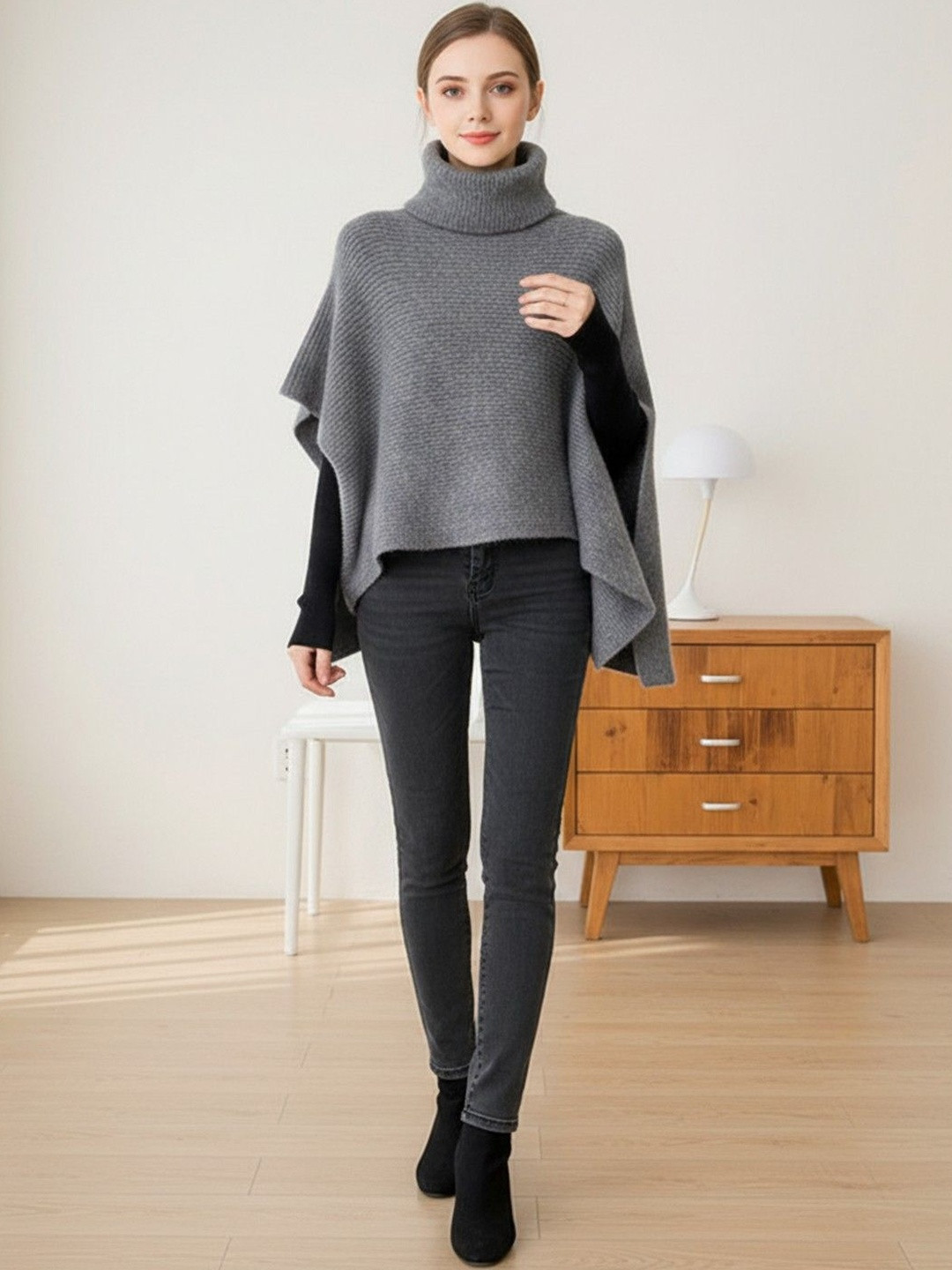 HERE&NOW Women Grey Long Sleeves High Neck Coat
