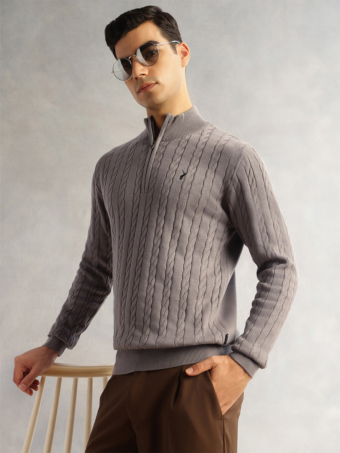 Thomas Scott Men Pure Cotton Cable Knit Mock Collar Pullover Sweaters