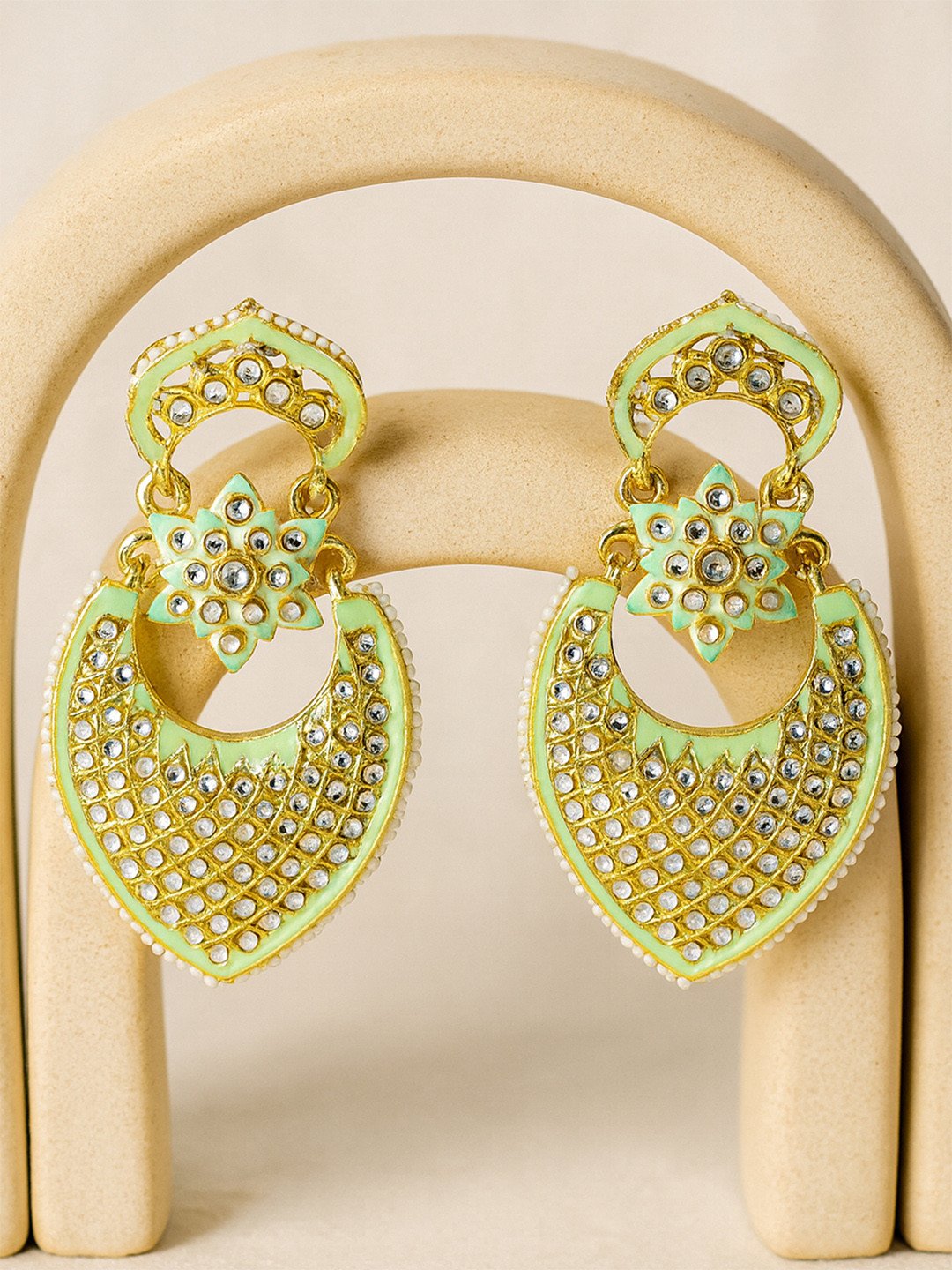 KARATCART Lime Green Meena Drop Shape Kundan Gold Plated Drop Earrings