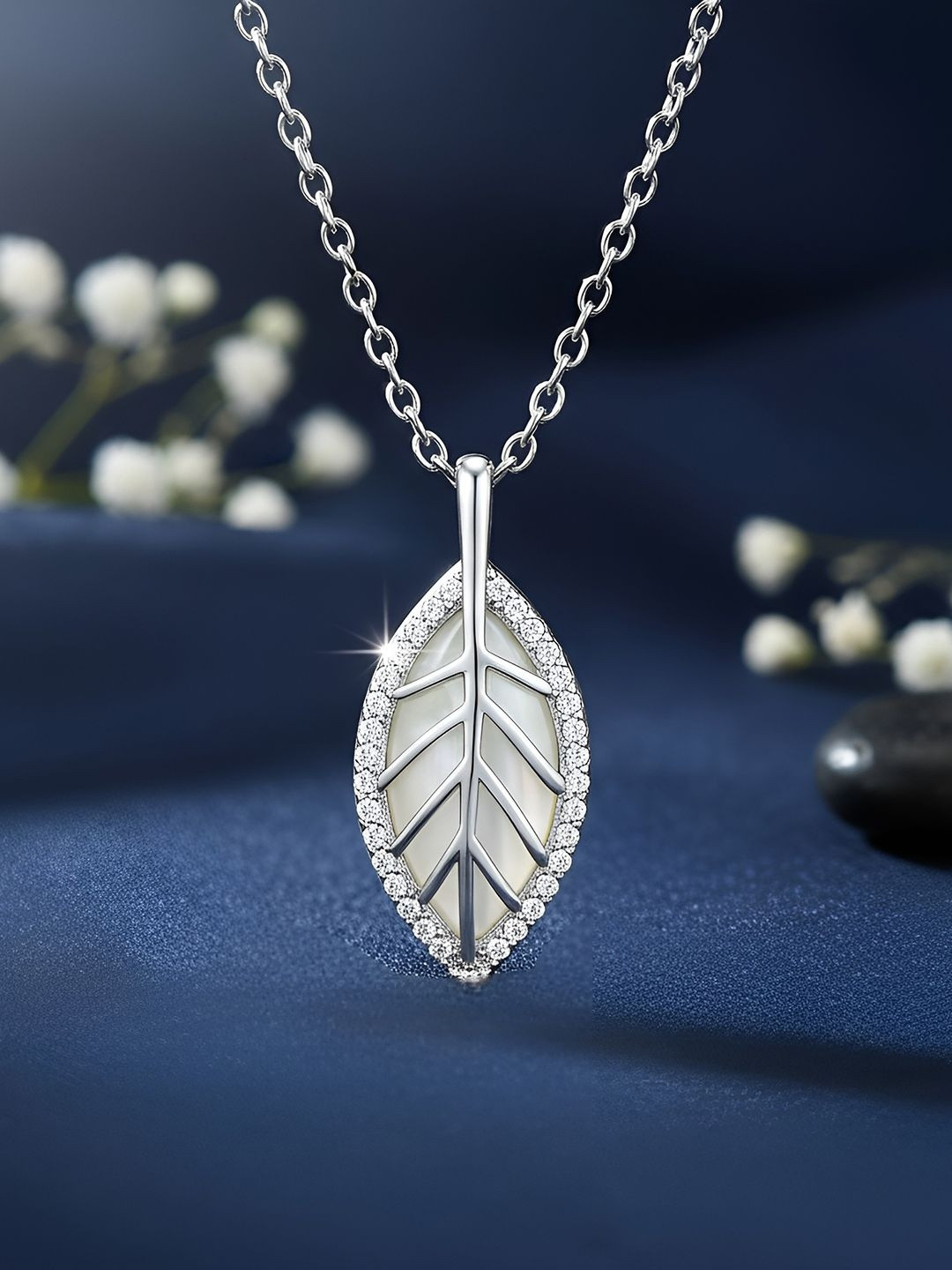 Zavya A Fresh Start Leaf Sterling Silver Rhodium-Plated CZ Studded Pendant & Chain