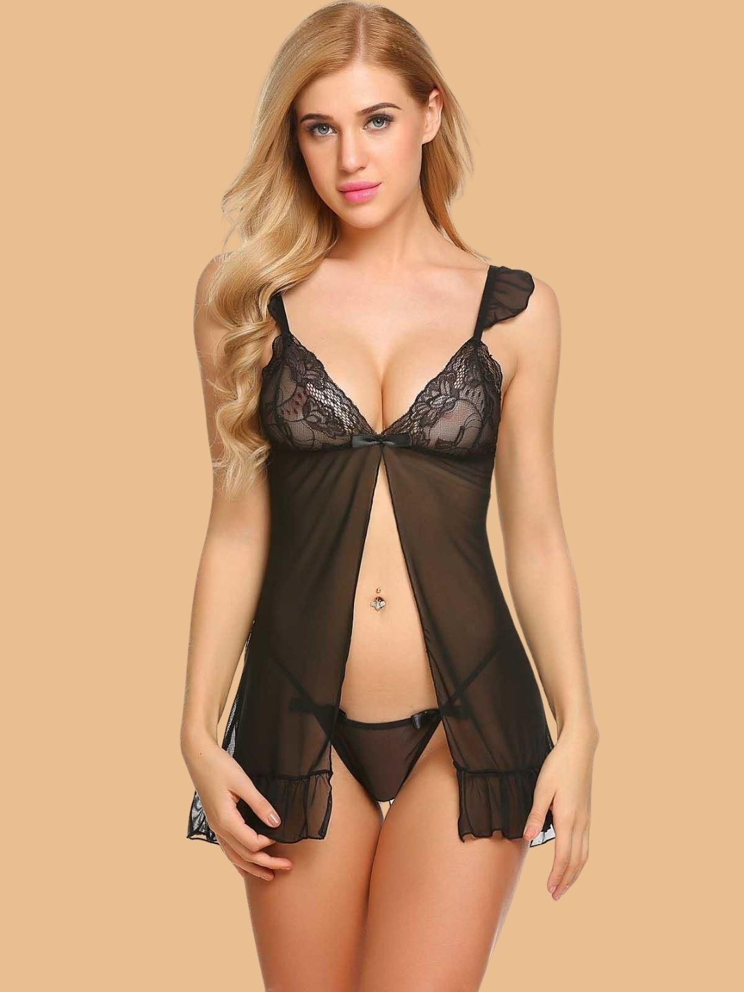 ZERJAMA Women Self Design Ruffle Trim Open Front Babydoll