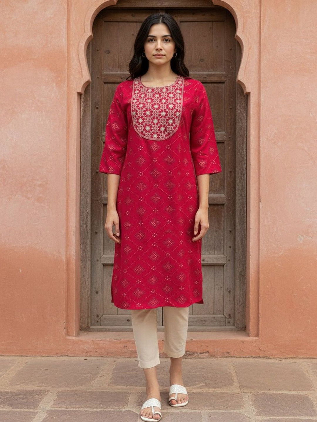 Rangita Floral Embroidered Round Neck Straight Kurta