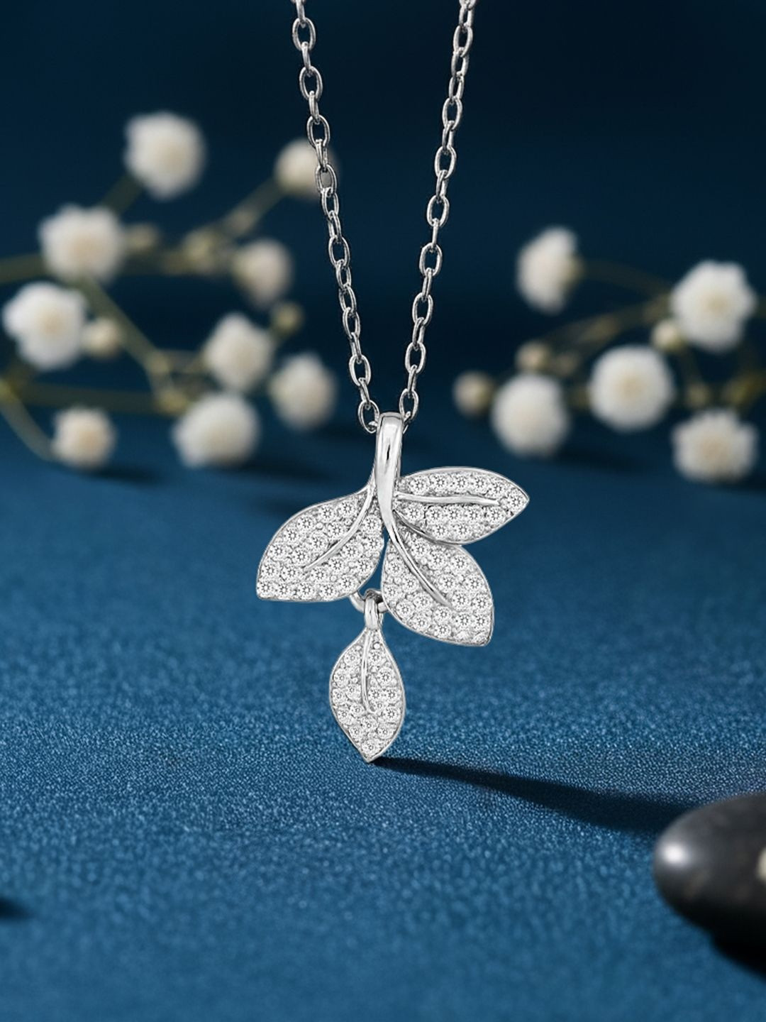 Zavya Whispering Leaves Sterling Silver Rhodium-Plated CZ Studded Pendant & Chain