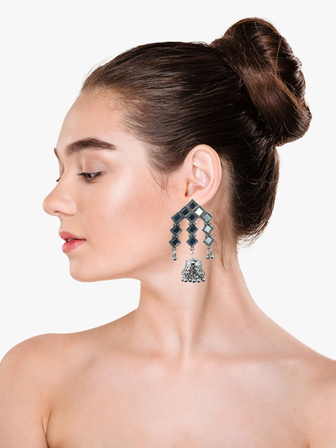 KRENOZ Silver-Plated Stone & Mirror Rectangular Geometric Jhumkas