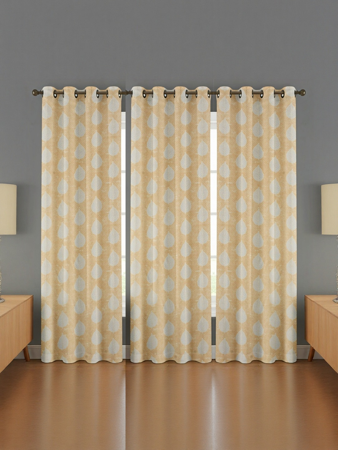 GEET CREATIONS Yellow & White Printed Fade Resistant 3 Pieces Regular Eyelet Door Curtains