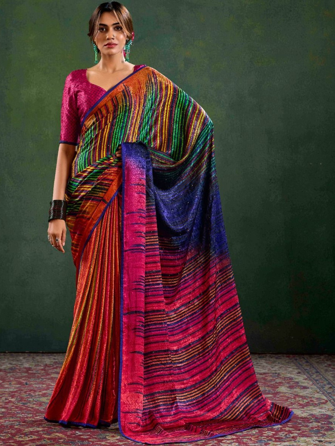 SAPTRANGI Women Striped Saree With An Unstitched Blouse Piece