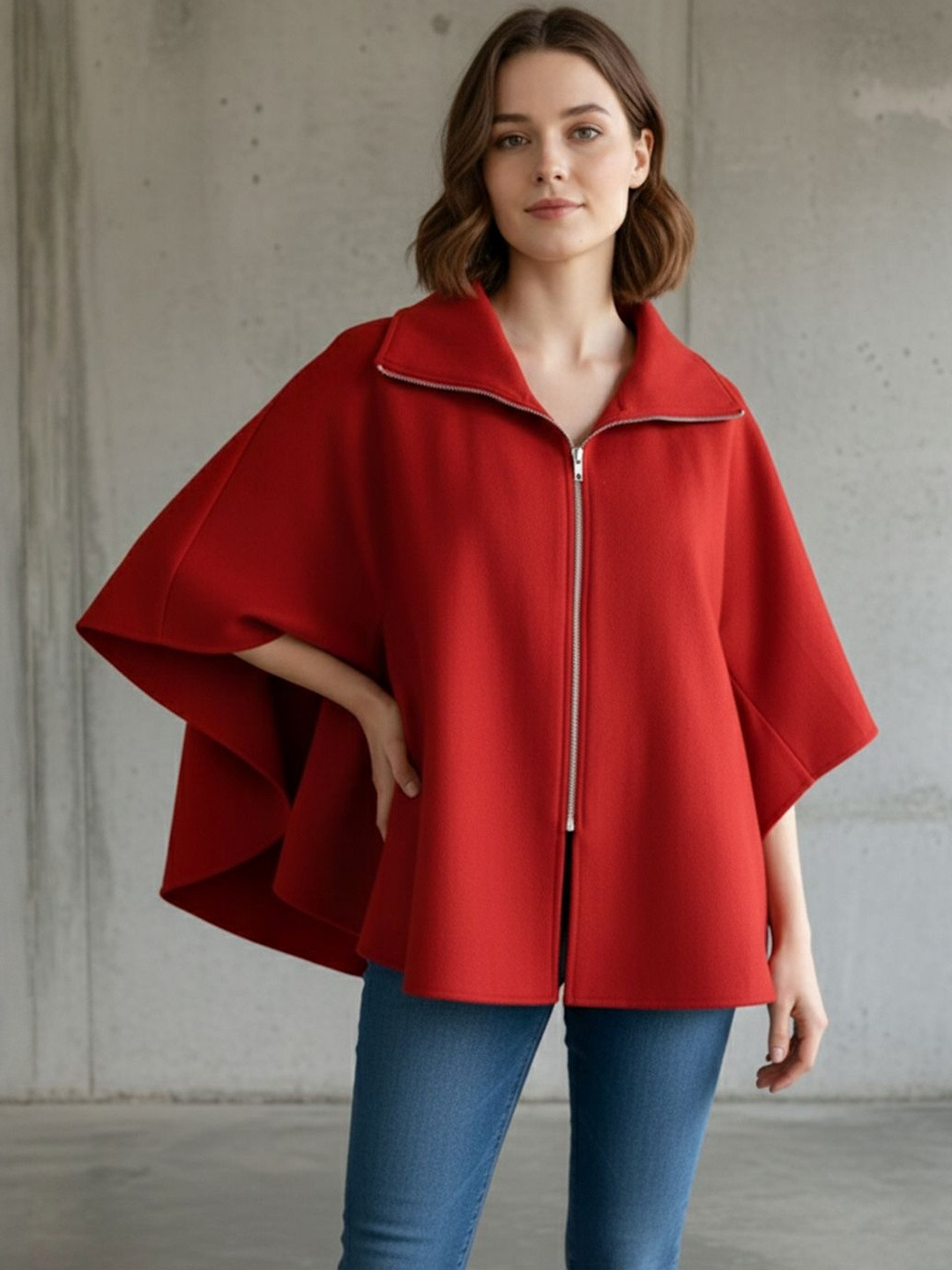 Qurvii Spread Collar Longline Three-Quarter Sleeves Fleece Cape Jacket