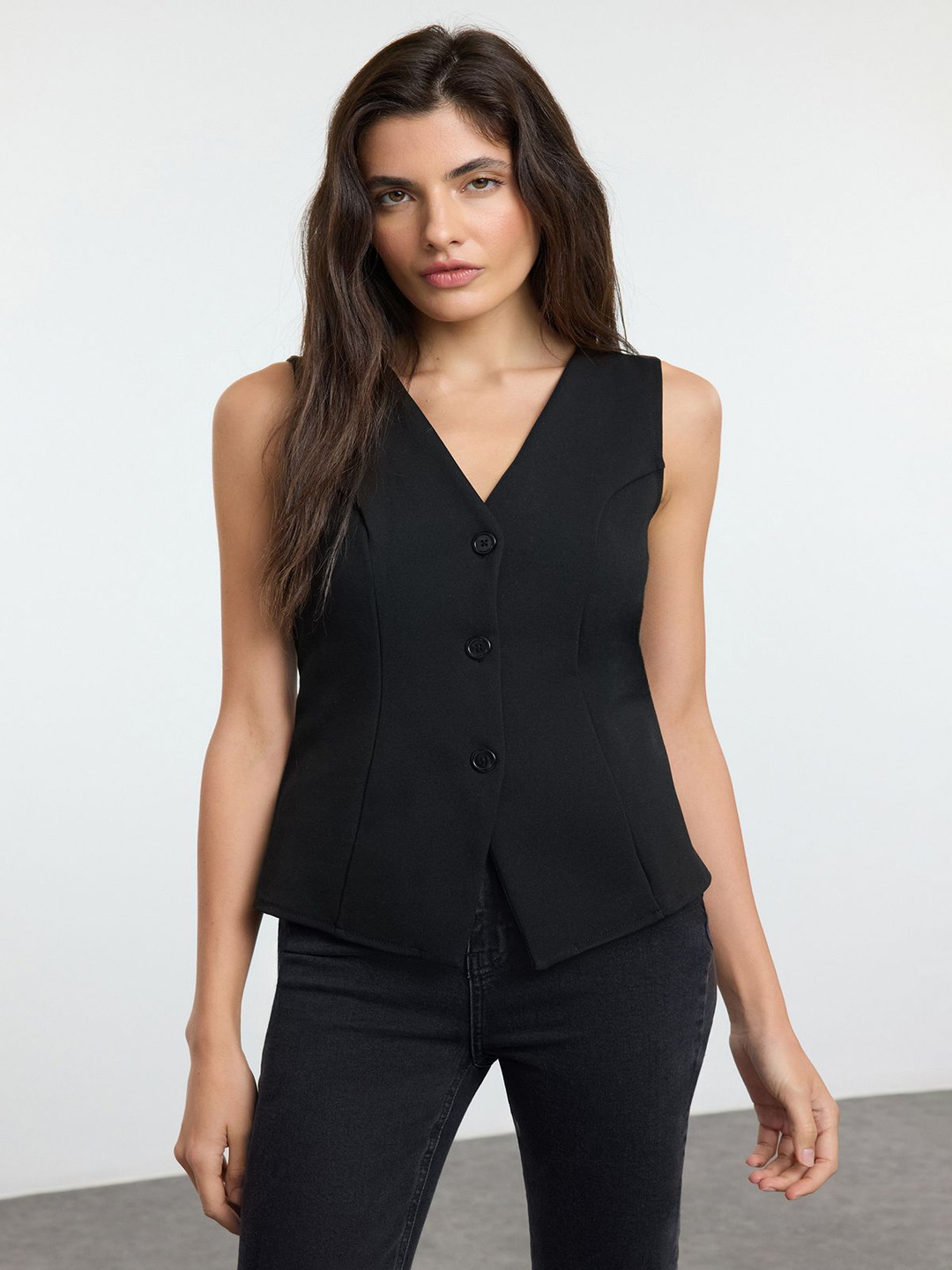 Trendyol Siyah V-Neck Woven Sleeveless Waistcoat