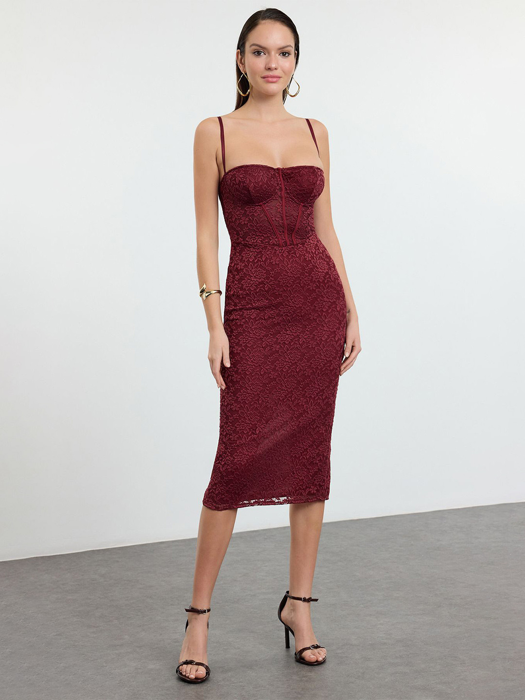 Trendyol Women Shoulder Straps Back Slits Bodycon Midi Dress