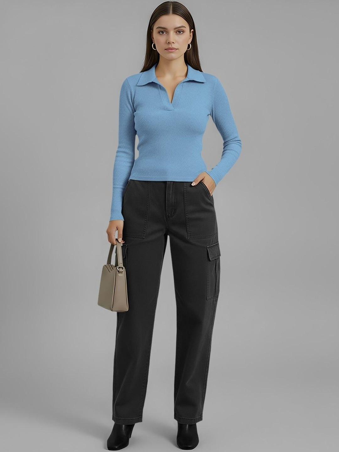 Dream Beauty Fashion Top-152-Apple-SkyBlue Women Vertical Striped Shirt Collar Fitted Top