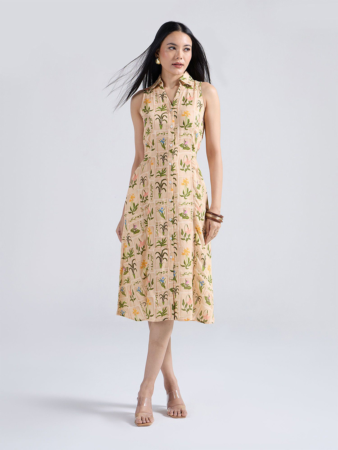 20Dresses Women Shirt Collar Floral Print Button Down A-Line Midi Dress