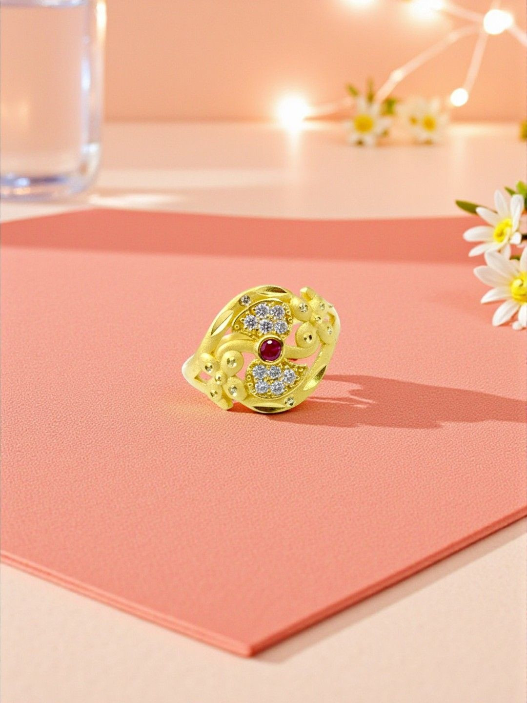 AccessHer Gold Plated American Diamond Studded Skin Friendly Floral Shape Finger Ring