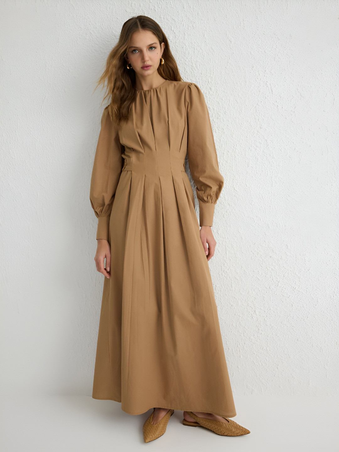 Trendyol Camel Women Solid Gathered or Pleated Maxi Dress