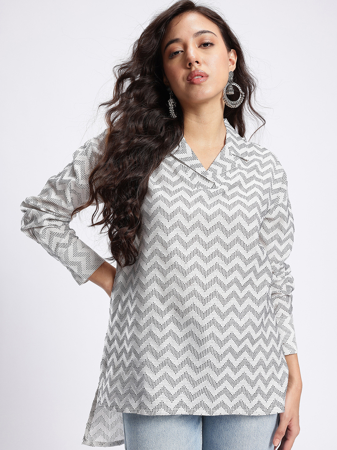 fusion by glitchez Geometric Woven Design Shirt Collar Kurti