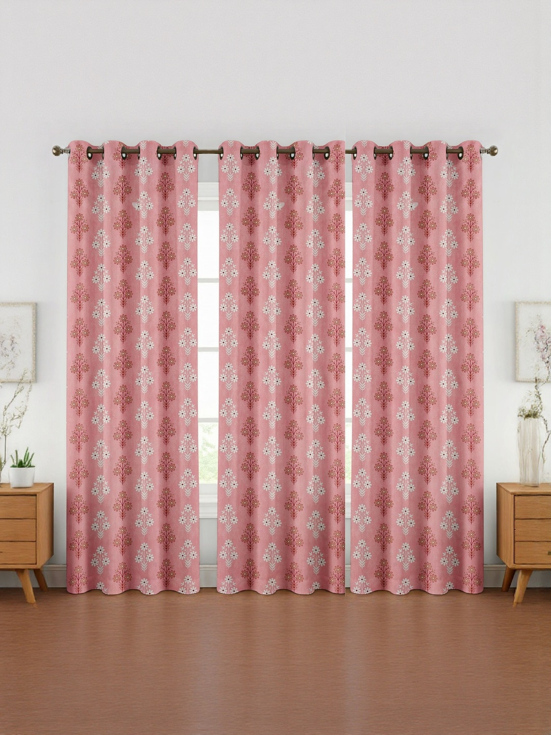 GEET CREATIONS Pink & White Printed Fade Resistant 3 Pieces Regular Eyelet Window Curtains