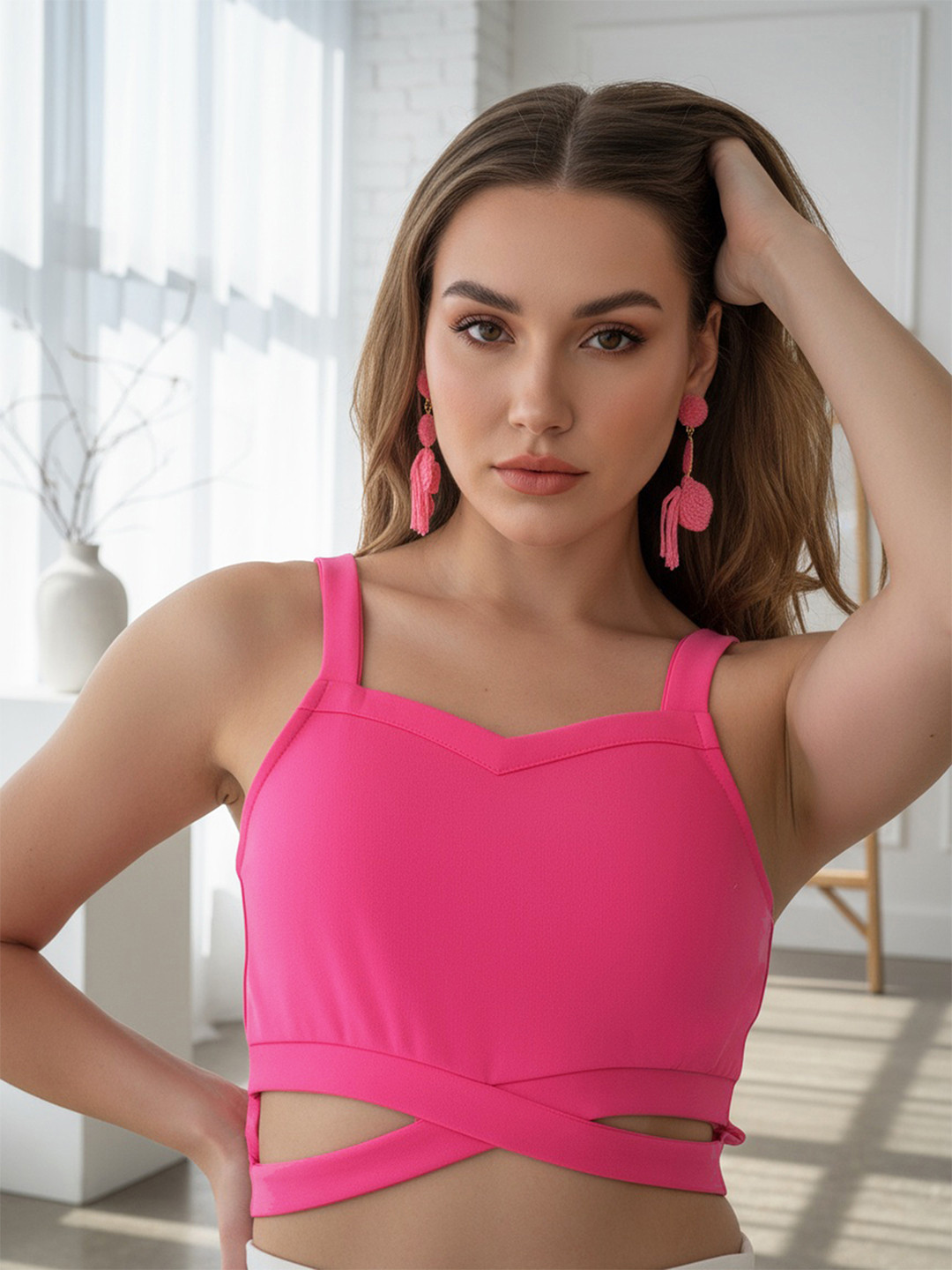 Freehand by The Indian Garage Co Shoulder Straps Cut Out Detail Fitted Crop Top