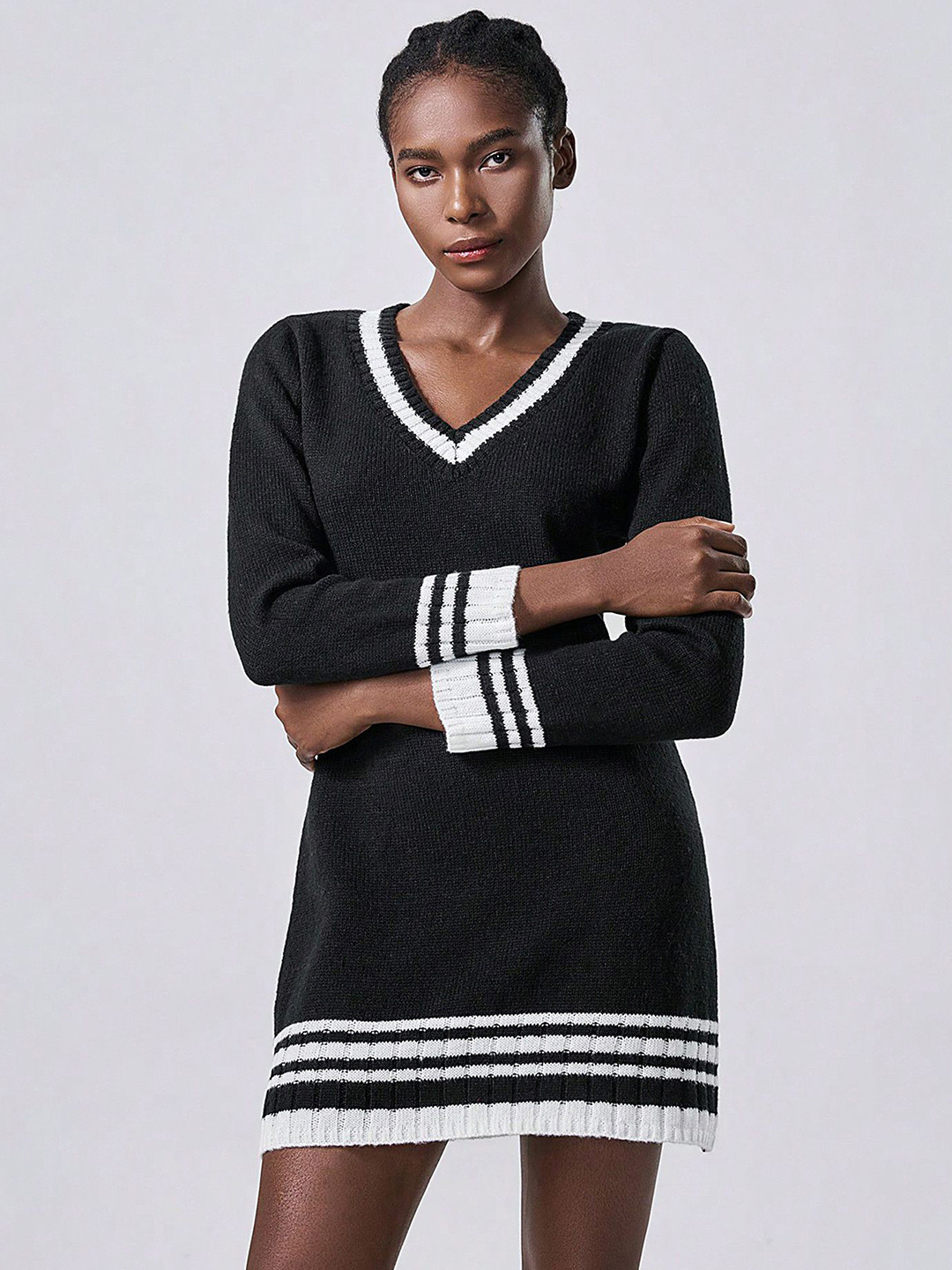 LULU & SKY Striped V-Neck Long Sleeves T-shirt Mini Dress
