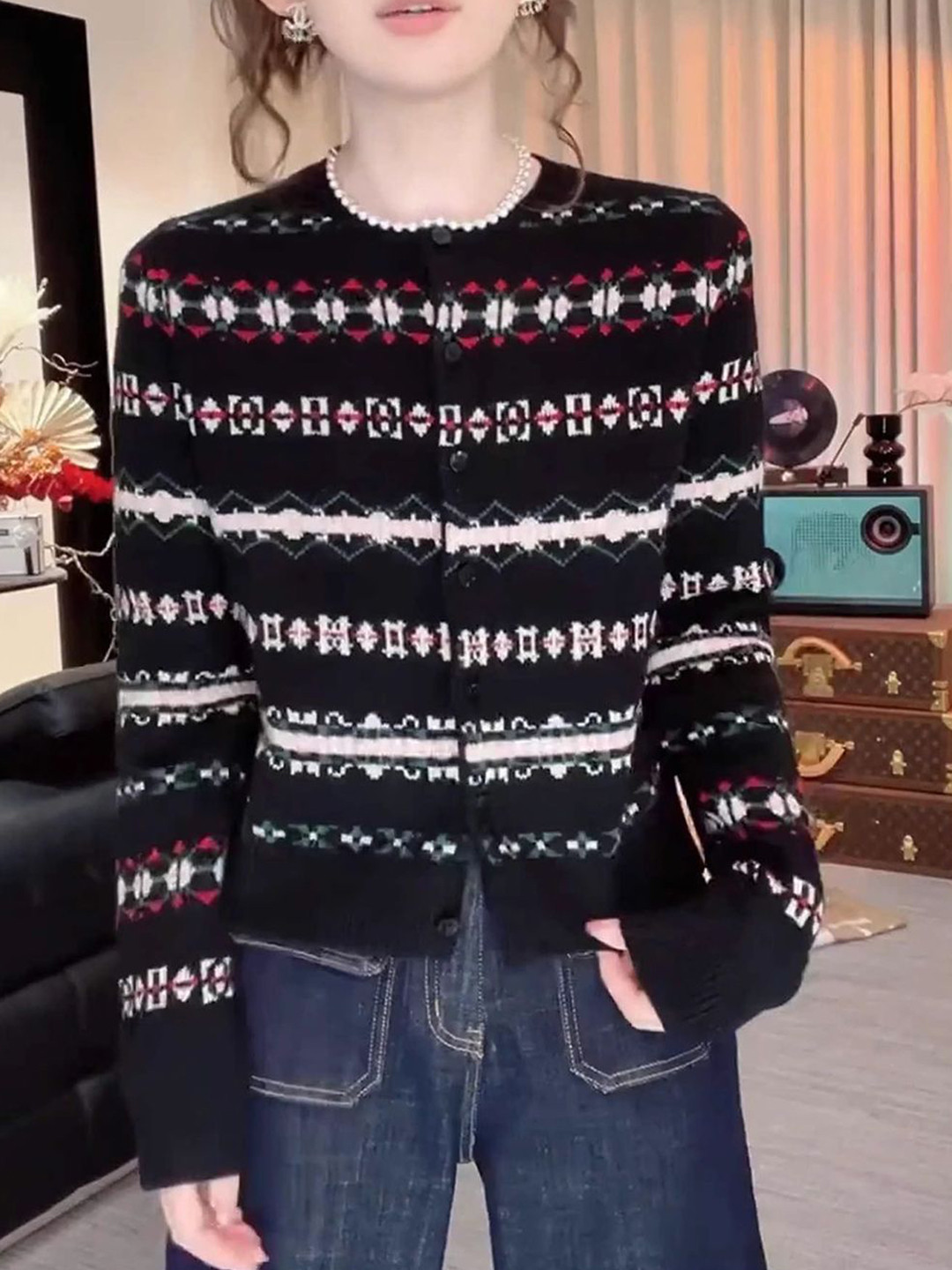 Mast & Harbour Women Fair Isle Printed Round Neck Full Sleeves Cardigan Sweater