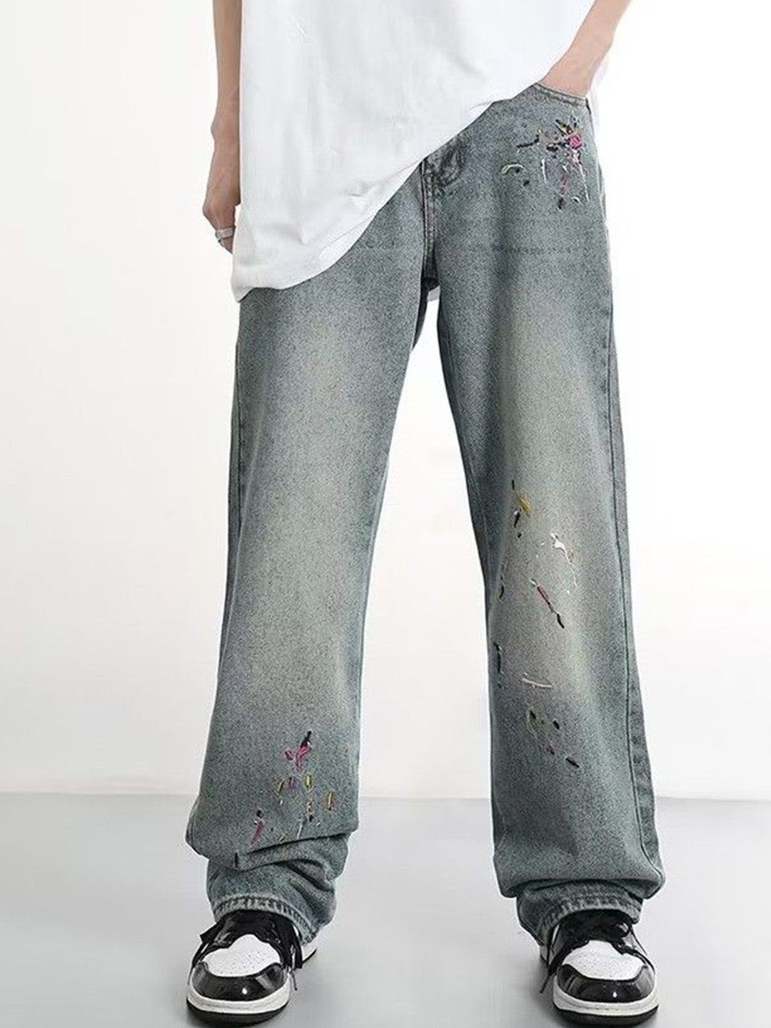 StyleCast Men Wide Leg Mid-Rise Graffiti Light Fade Jeans