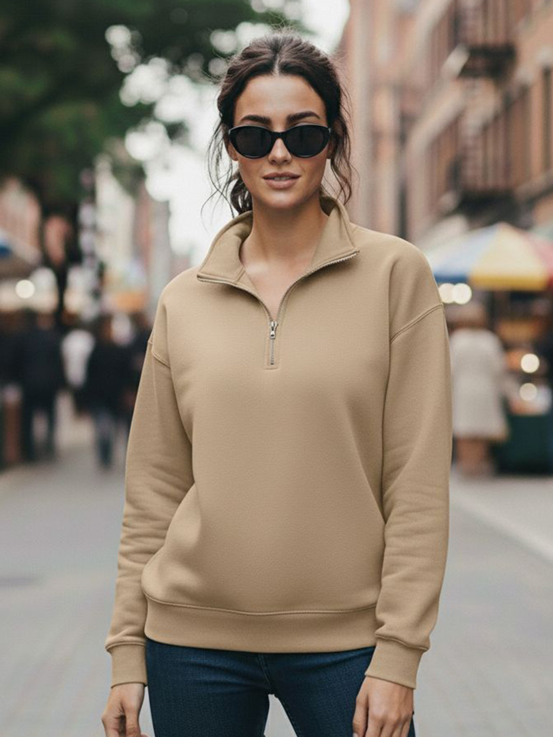 MACK JONNEY Women Solid Fleece High Neck Half-Zip Sweatshirt