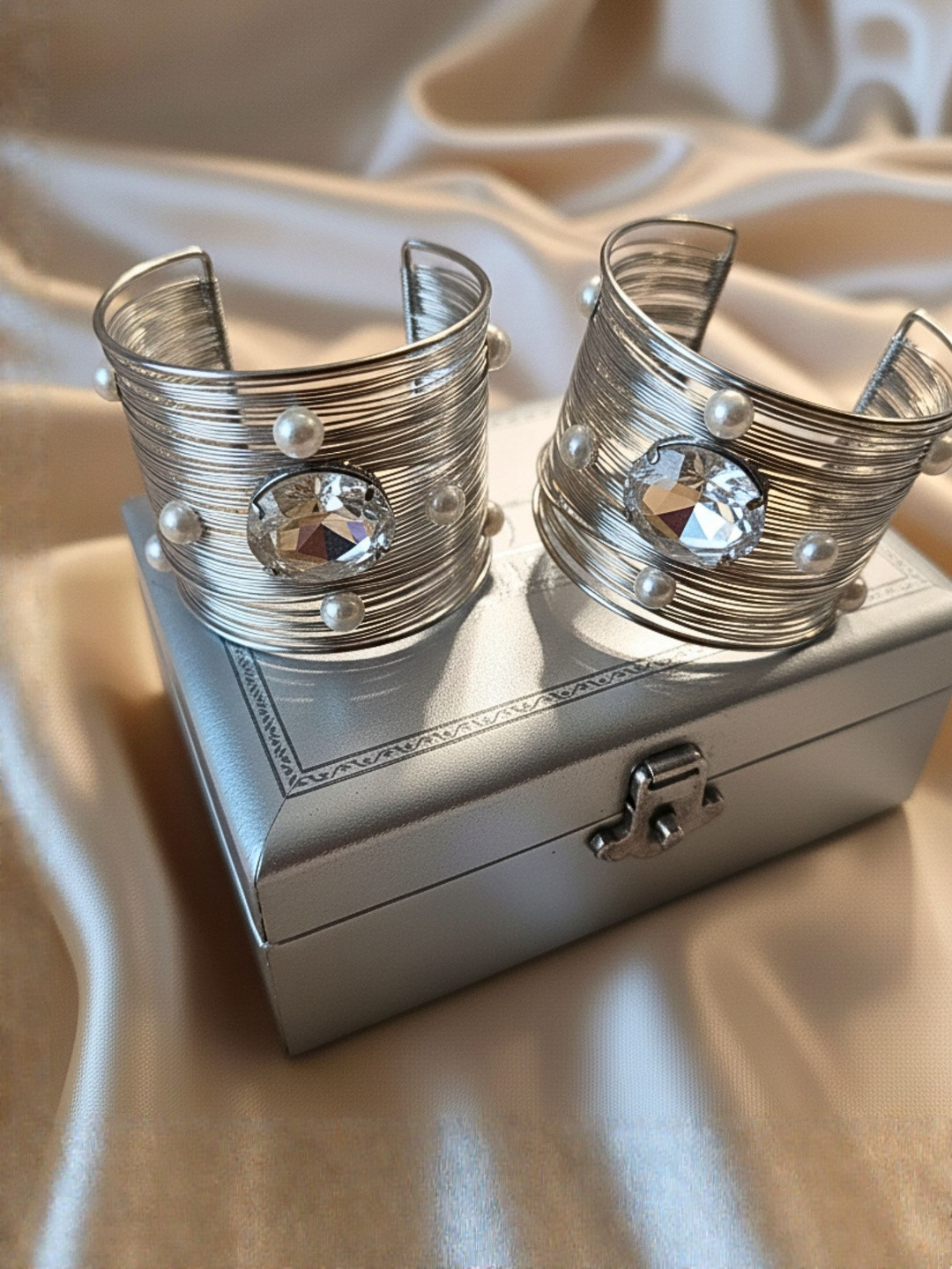 Anouk Set Of 2 Gold-Plated American Diamond & Pearls Studded Cuff Bracelets