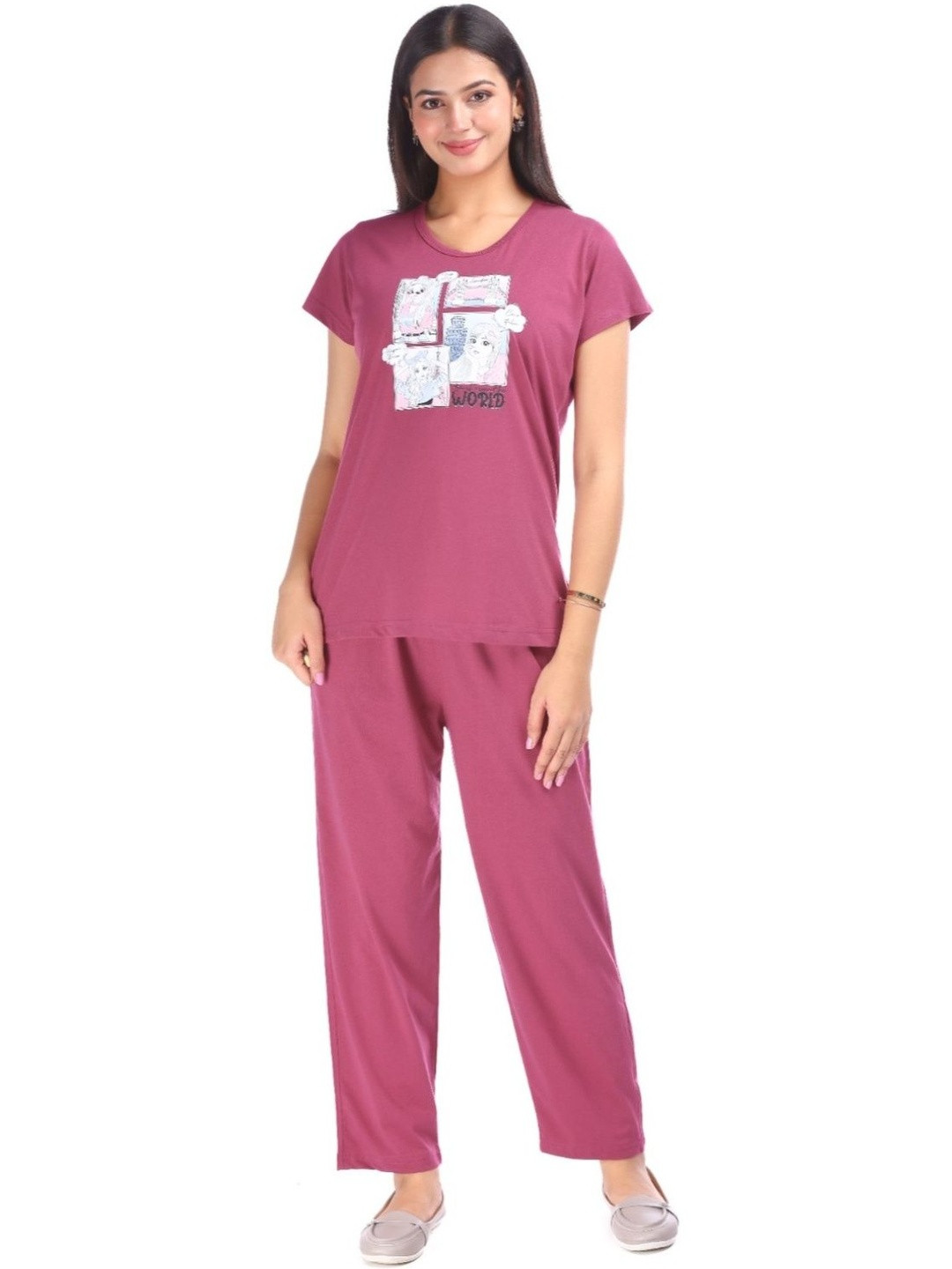 E-MAX Women Graphic Printed Short Sleeves T-shirt & Pyjamas Night Suit