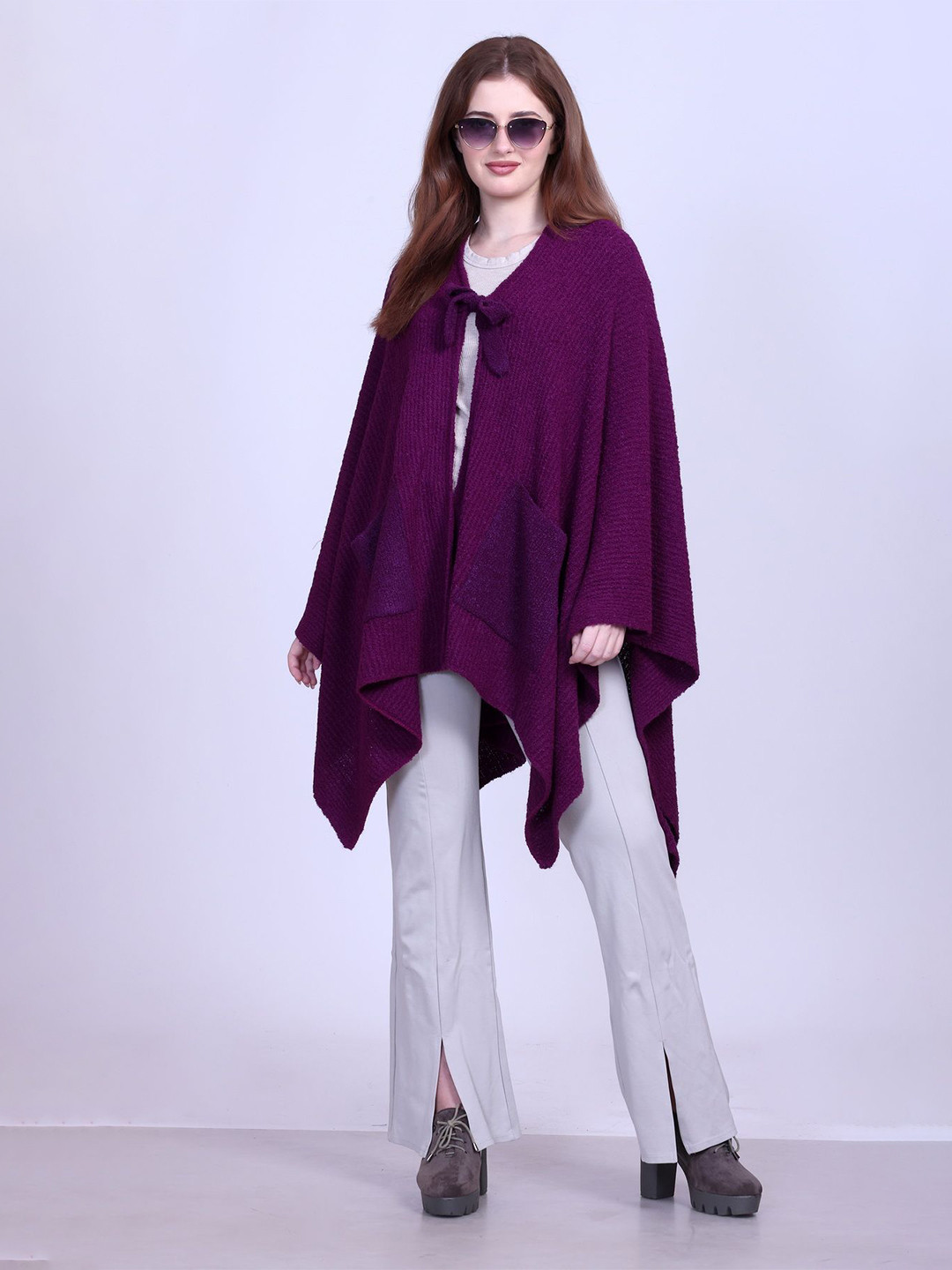 513 Women Purple Textured Acrylic Knitted Poncho with Front Tie-Up and Pockets