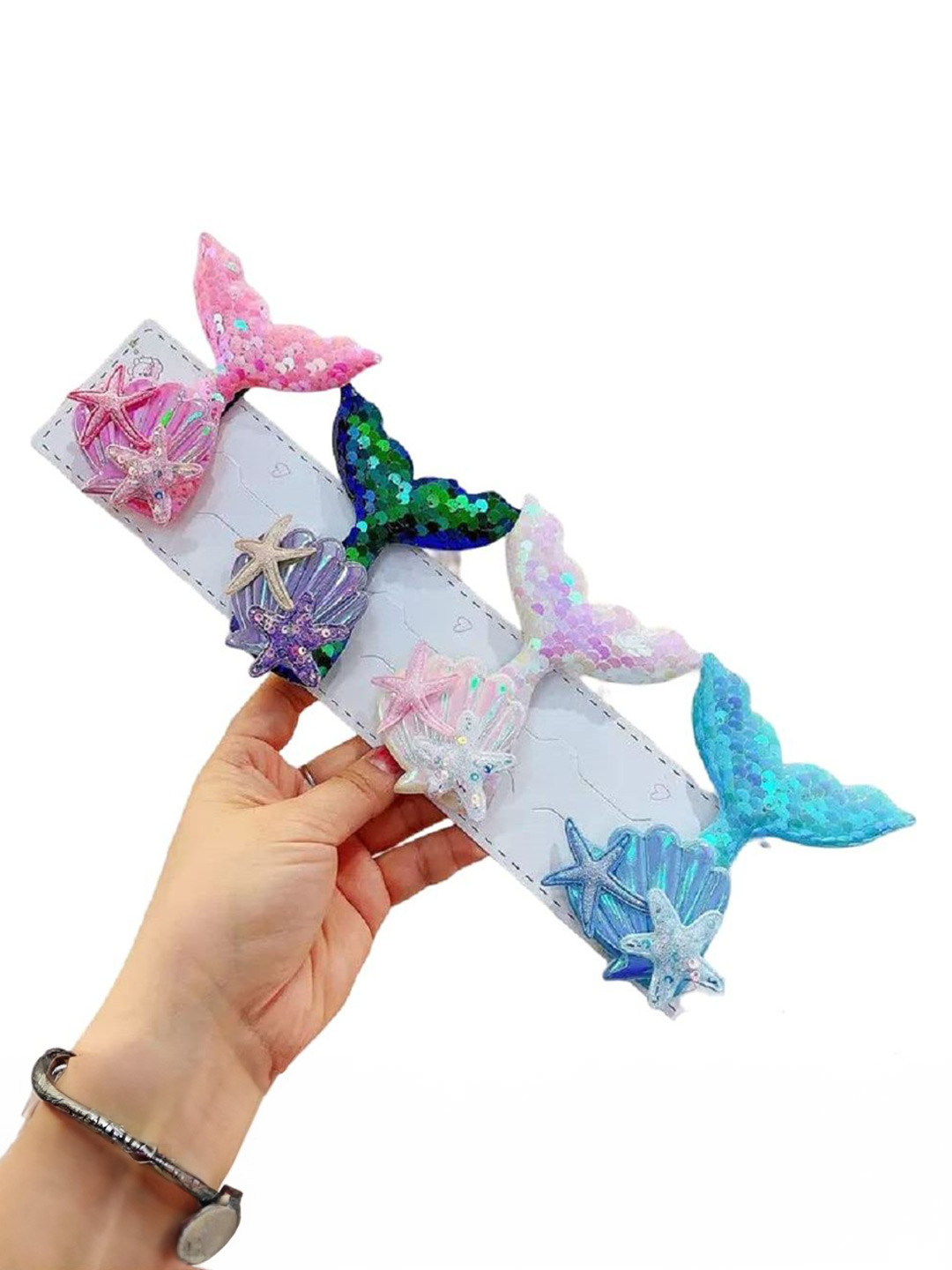 SAMYAK Girls Set of 4 Embellished Alligator Sequin Mermaid Seashell Hair Clip