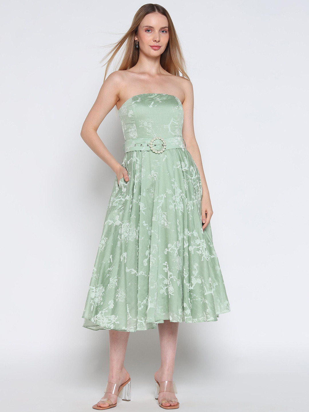 COVER STORY Floral Print Strapless Belted Bandeau Midi Dress