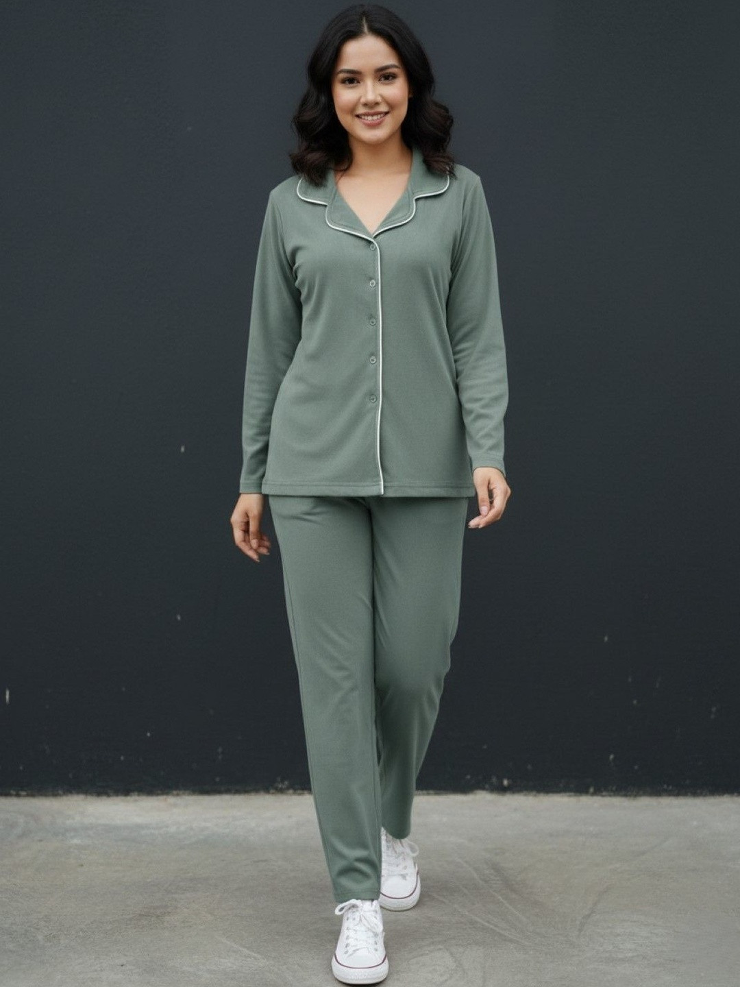 Wineberry Women Lapel Collar Shirt With Pyjamas Night suit