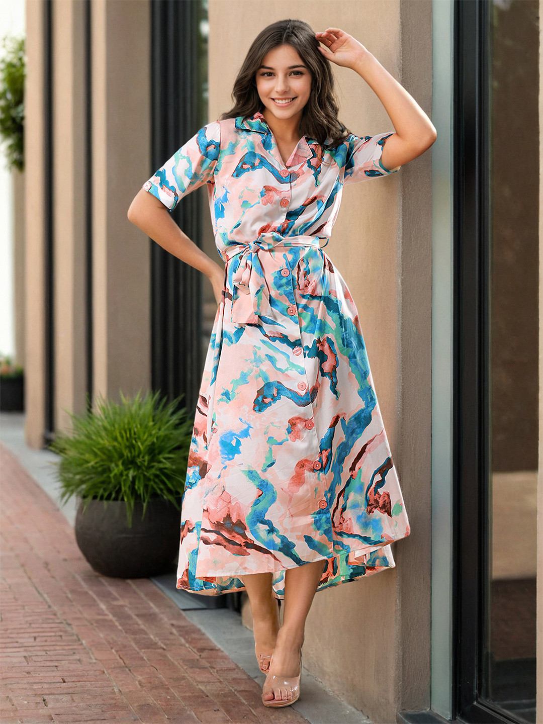 Freehand by The Indian Garage Co Abstract Printed Shirt Midi Dress With Belt