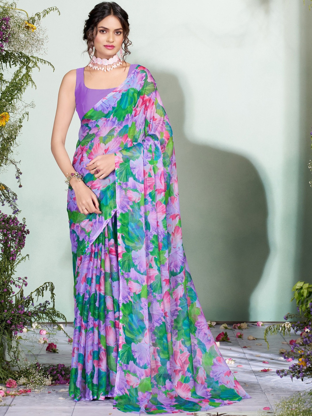 Garden Vareli Floral Printed Pure Chiffon Saree Without Blouse Piece