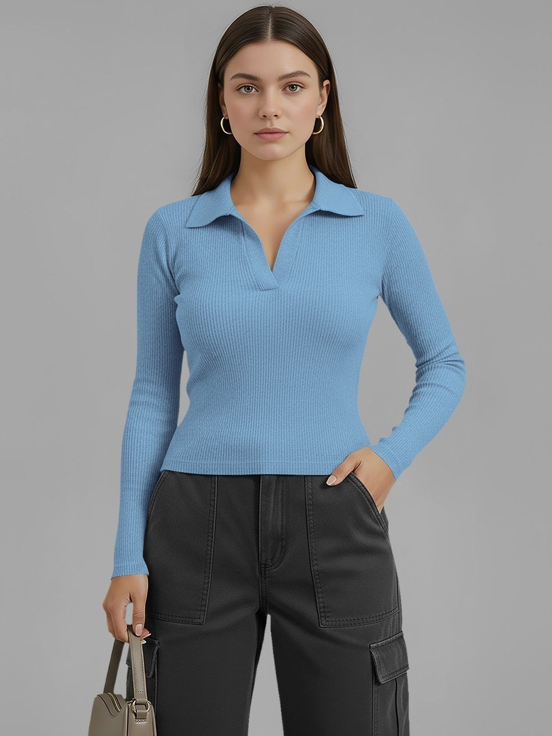 Dream Beauty Fashion Top-155-Apple-SkyBlue Women Ribbed Collar Long Sleeves Fitted Top