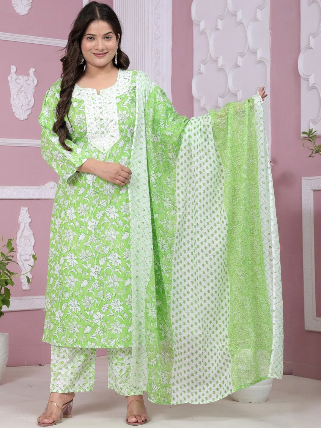 HIGHLIGHT FASHION EXPORT Plus Size Floral Printed Thread Work Pure Cotton Kurta Set