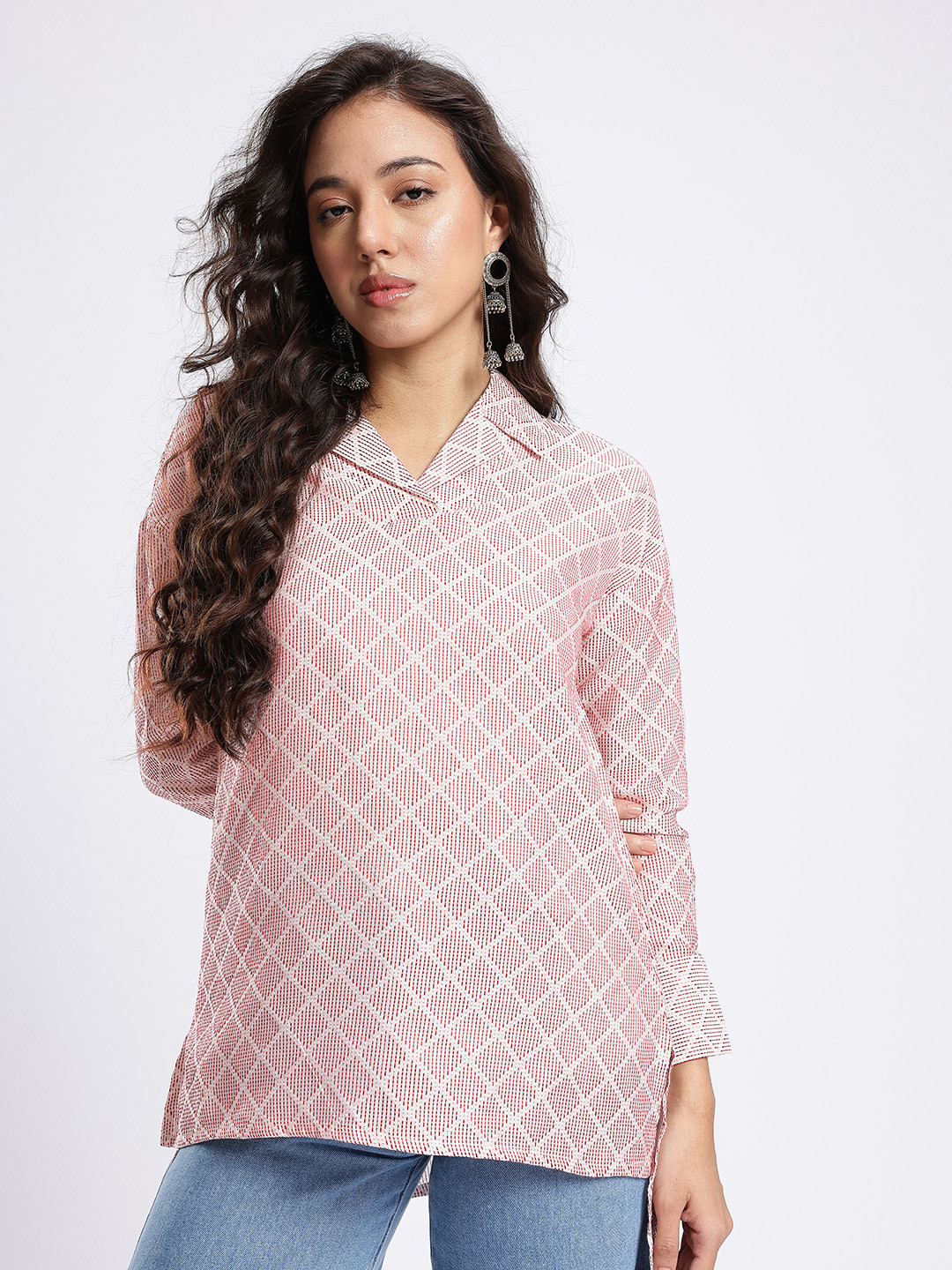 fusion by glitchez Geometric Woven Design Shirt Collar Kurti