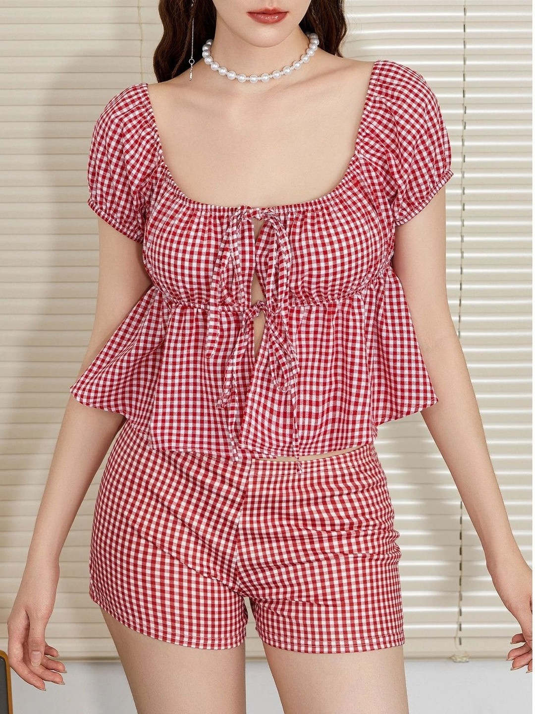 LILY BUDS Women Checked Square Neck Puff Sleeve Cotton Empire Crop Top