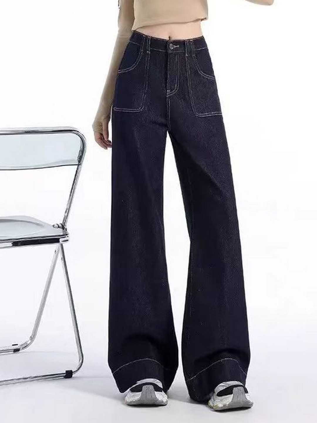 StyleCast Women High-Rise Wide-Leg Cotton Jeans With Contrast Stitching
