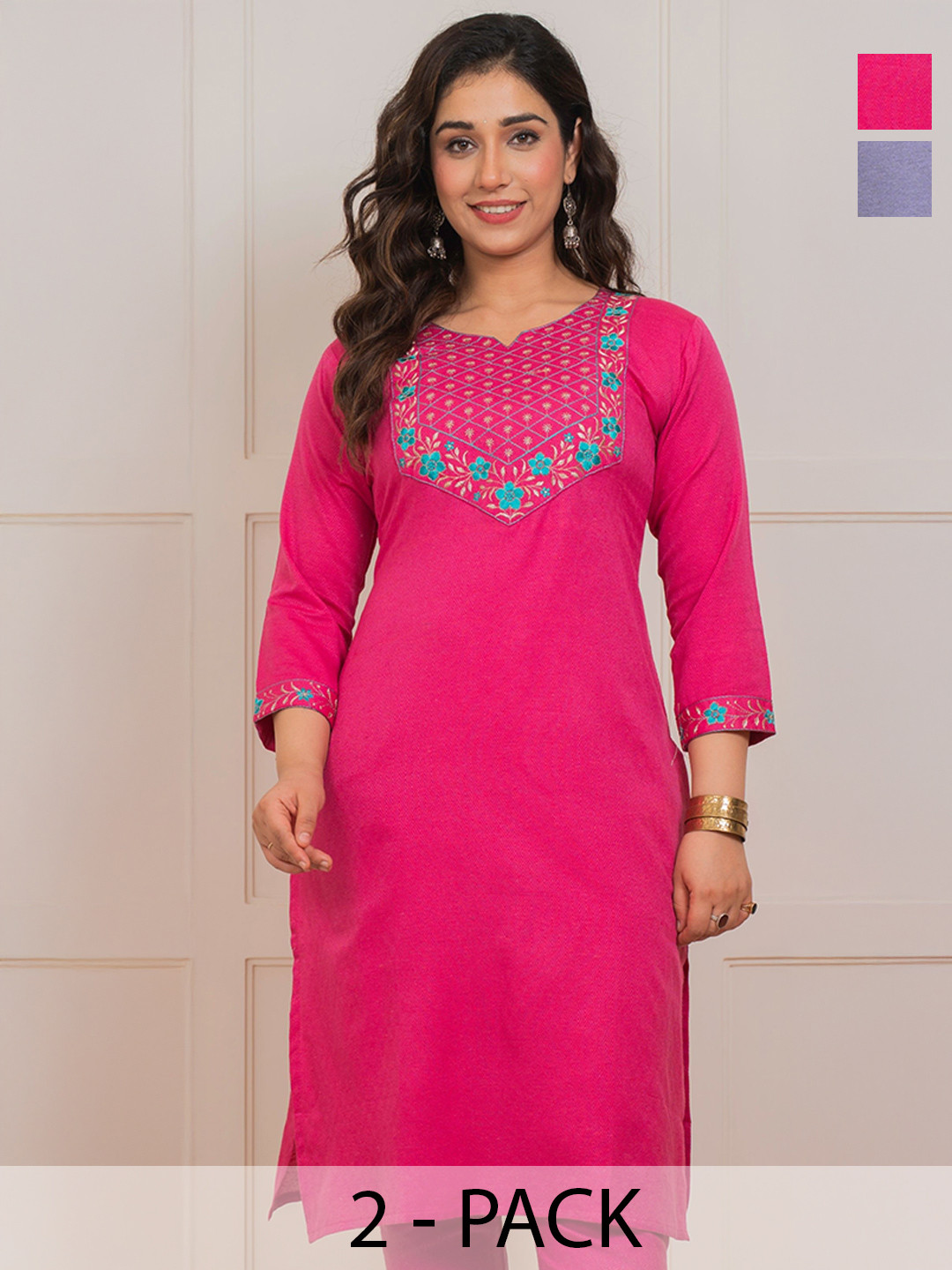 AUZAAI COLLECTION Selection Of 2 Floral Yoke Design Thread Work Pure Cotton Kurtas