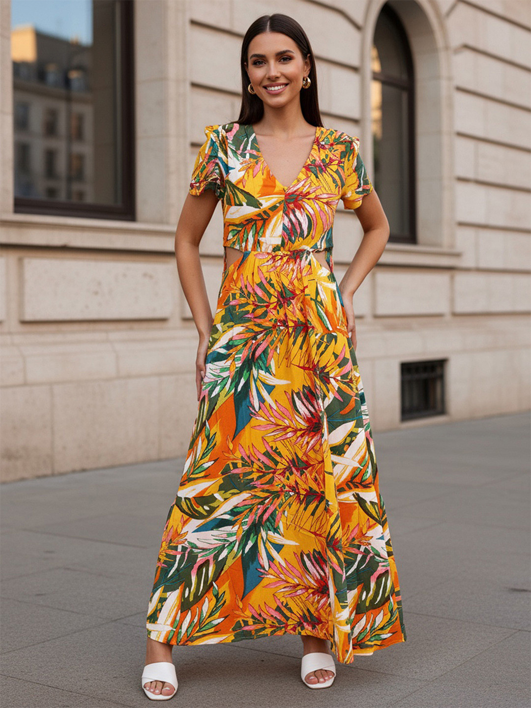 Freehand by The Indian Garage Co Tropical Printed V-Neck Cut-Outs Detail Maxi Dress