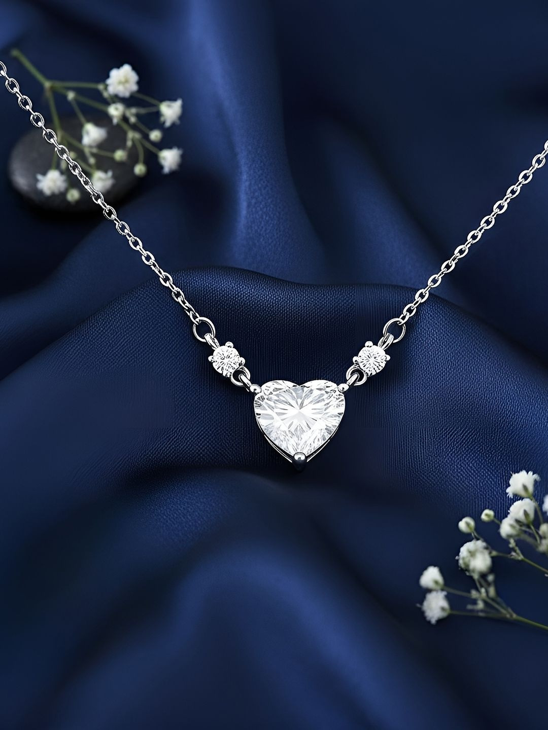 Zavya You Have My Heart Sterling Silver Rhodium-Plated Cubic Zirconia Studded Necklace